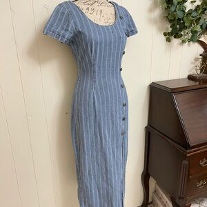 VTG Sz (4) Denim Pin Striped Paris Sports Club 90s MIDI Sheath Dress side slit